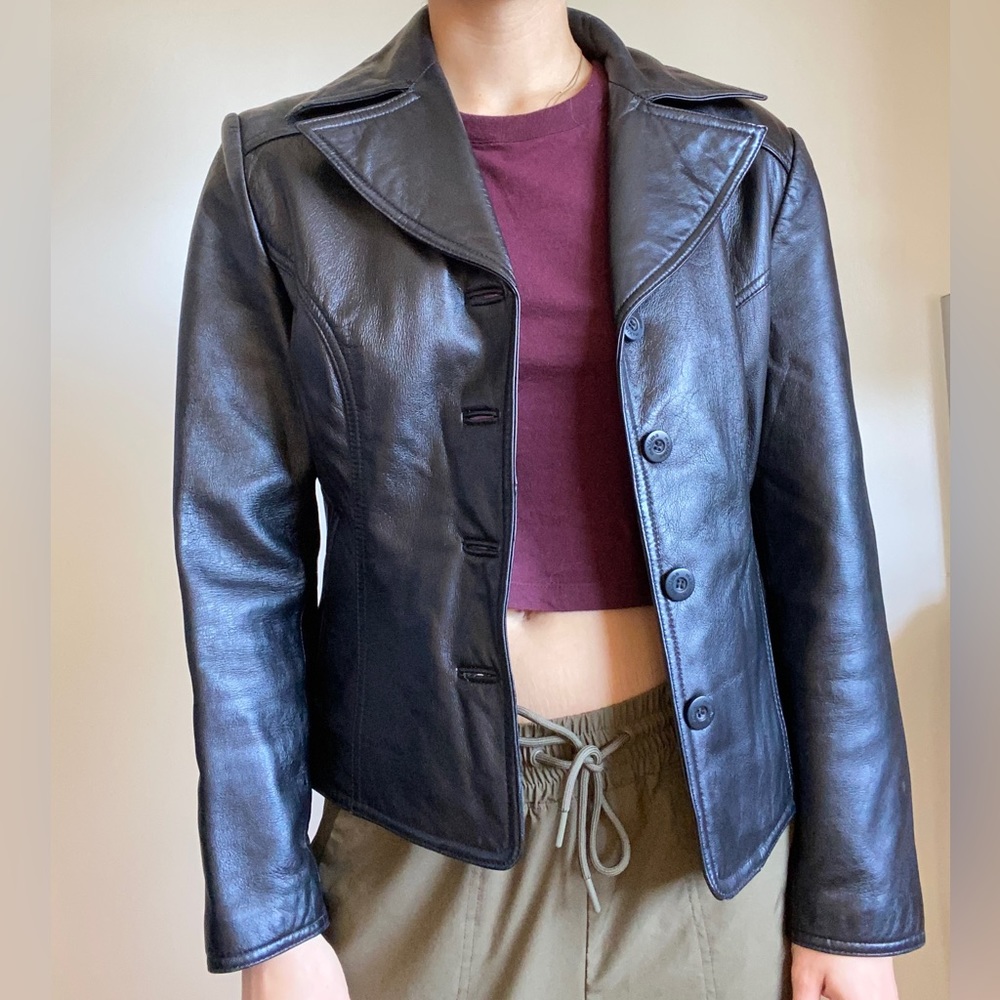 Maxima Wilsons Jacket Womens Size Large Black Leather Button Front Y2k 90s style